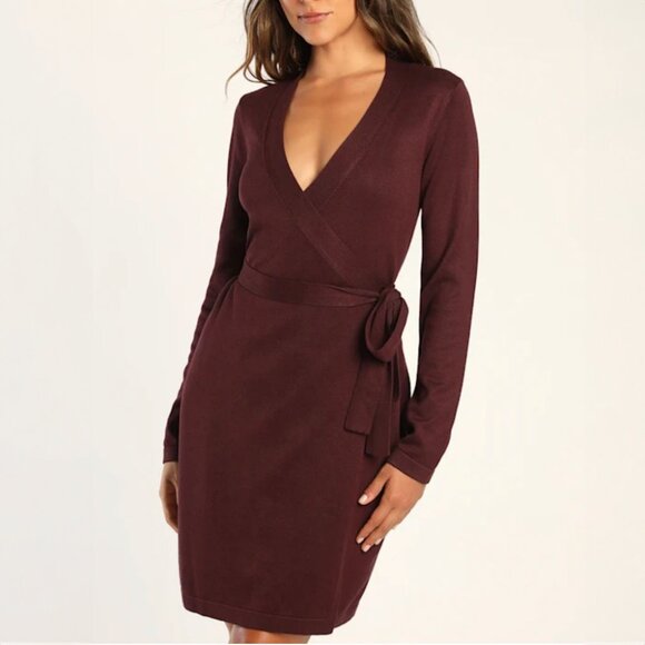 Lulus Literary Lover Plum Burgundy Wrap Sweater Dress L Stretchy Office Comfort - Picture 10 of 10